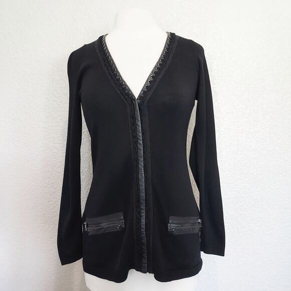 Elie Tahari Black Wool Leather Trim Cardigan Size S - Picture 1 of 13